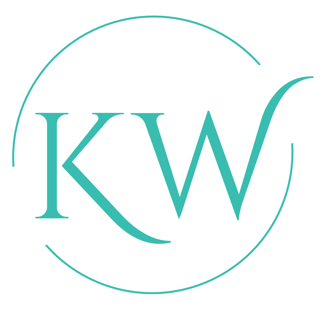 Smaller Kathy Wolstenholme logo. Circle with KW lettering in teal with transparent background.